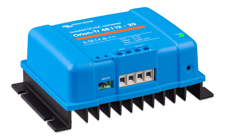 Side perspective of the blue DC-DC converter showing the black cooling heatsink