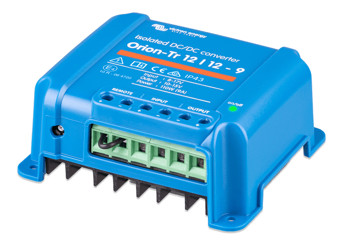 Angled view of blue DC-DC converter showing green screw terminals and cooling fins