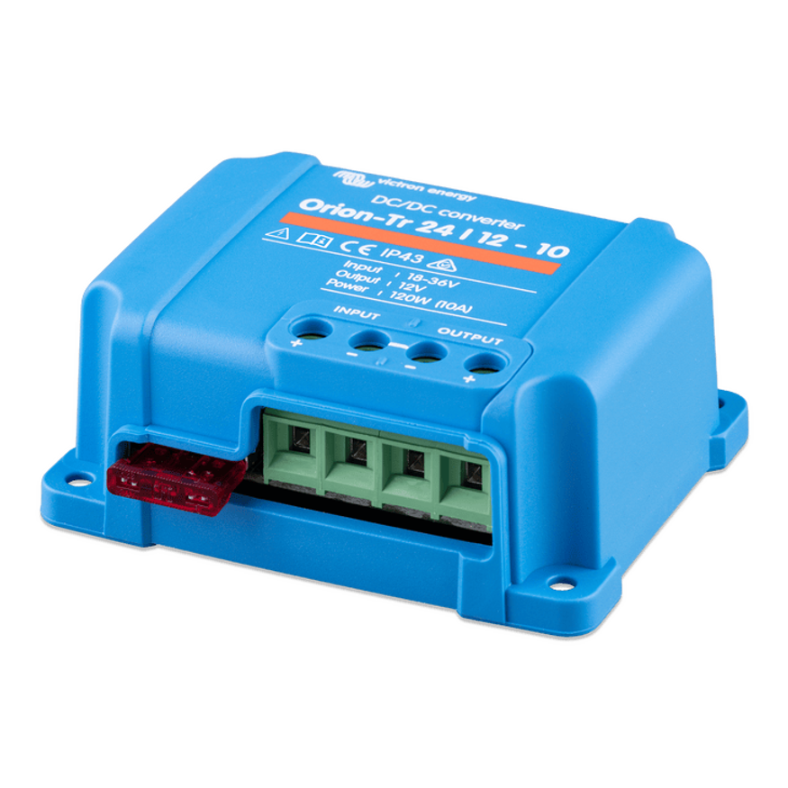 Side perspective of blue Victron 24V to 12V power converter with mounting base