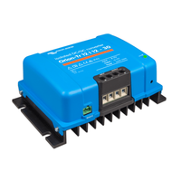 Perspective view of the isolated DC-DC converter showing the mounting brackets and blue enclosure
