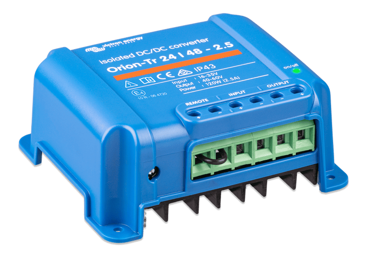 Perspective view of Victron Orion-Tr DC-DC converter with green power indicator light
