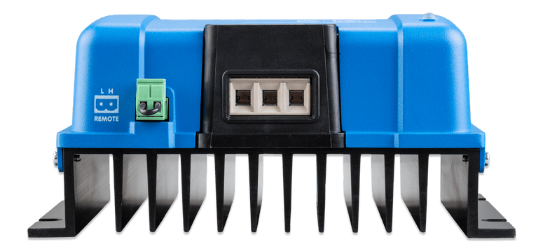 Frontal view of Victron Orion-Tr charger showing the high-efficiency aluminium heat sink