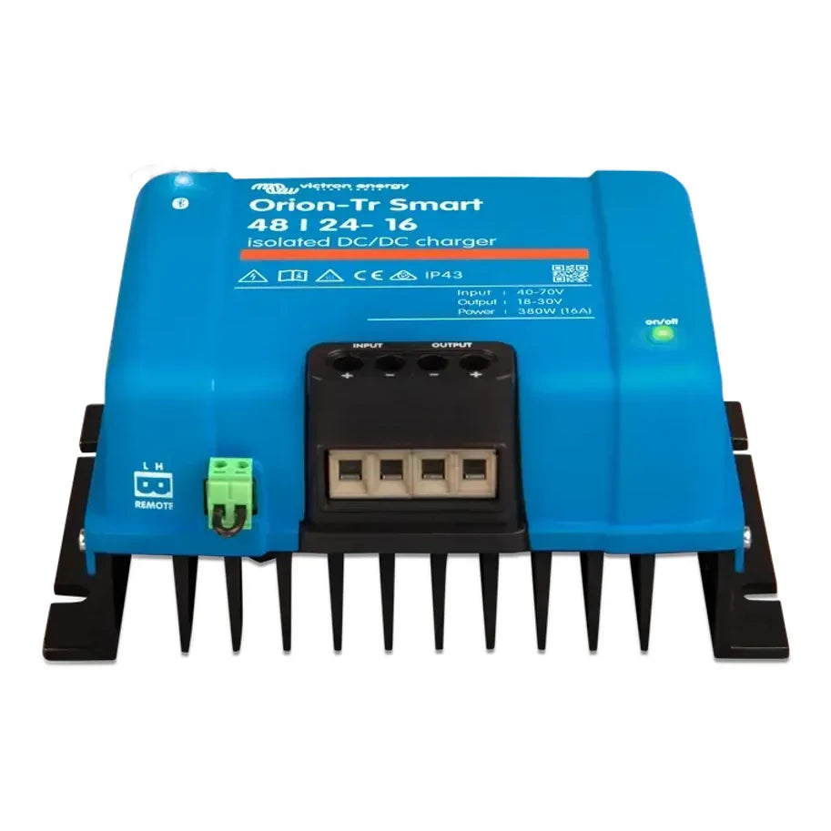 Perspective view of Victron 48V-24V isolated charger highlighting terminal arrangement