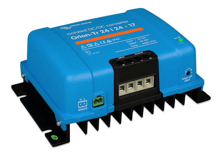 Angled side view of the blue Orion-Tr isolated converter showing the cooling fins