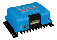 Angled side view of the blue Orion-Tr isolated converter showing the cooling fins