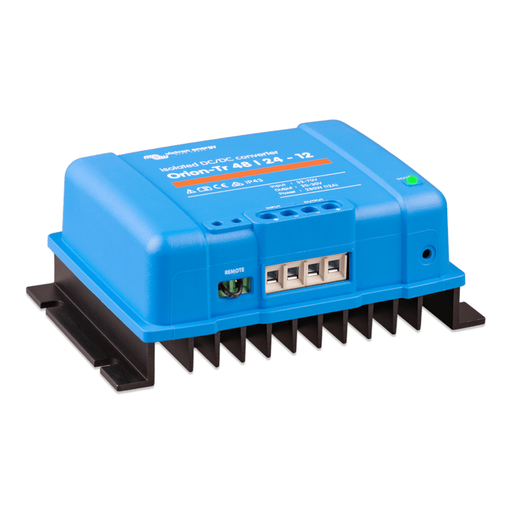 Right side angled view of the Victron Orion-Tr DC-DC converter housing
