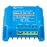 Angled view of Victron 24V to 12V converter showing input and output terminal blocks