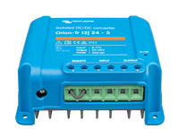 Angled front view of blue Victron DC-DC converter showing the green terminal block and cooling fins