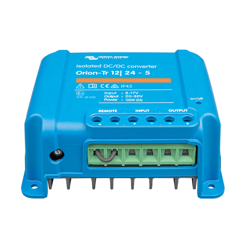 Angled front view of blue Victron DC-DC converter showing the green terminal block and cooling fins