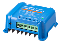 Side view of blue isolated converter showing integrated cooling fins and mounting flange
