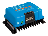 Perspective view of blue Victron charger showing the remote on/off port and side heat sink