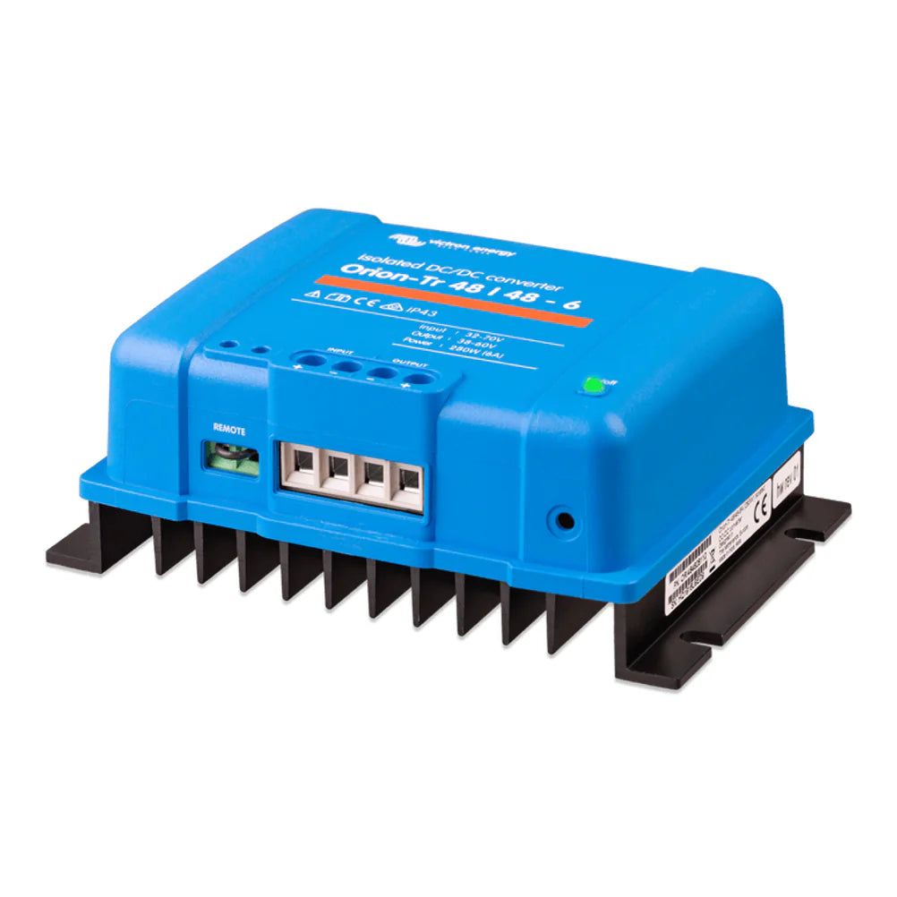 Side perspective of the Orion-Tr isolated converter highlighting the mounting flange and heatsink