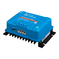 Angled perspective view of the blue Victron DC-DC charger showing terminal ports and heat sink