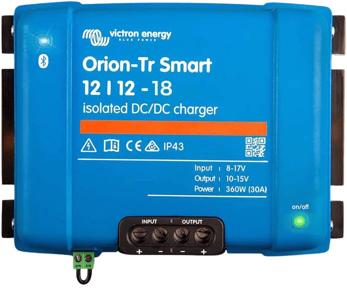 Front view of Victron Orion-Tr Smart 12/12-18A isolated DC-DC charger with terminal block and status LEDs