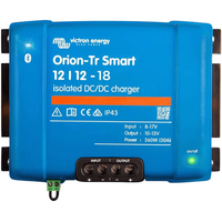 Front view of Victron Orion-Tr Smart 12/12-18A isolated DC-DC charger with terminal block and status LEDs