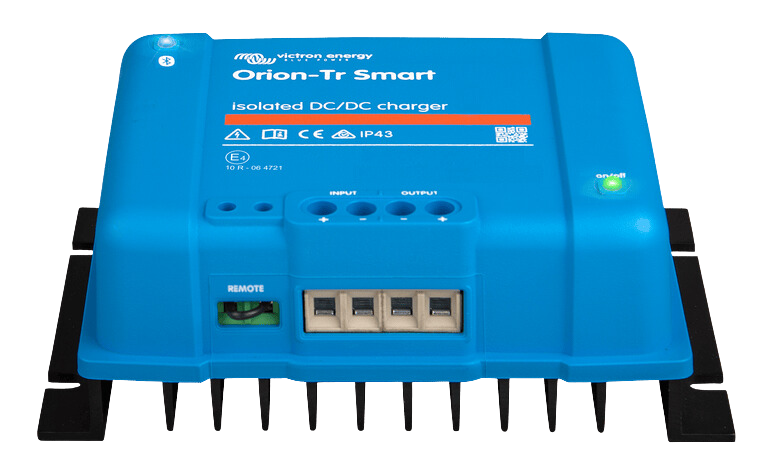 Front-facing perspective of the Victron Orion-Tr Smart charger with visible mounting flanges