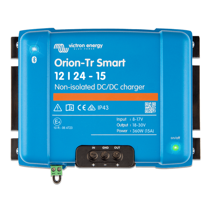 Front view of Victron Orion-Tr Smart 12/24-15 non-isolated DC-DC charger with terminal labels