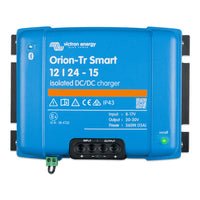 Front view of blue Victron Orion-Tr Smart 12/24-15A isolated DC-DC charger
