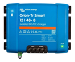 Front view of blue Victron Orion-Tr Smart 12/48-8 isolated DC-DC charger showing interface and terminals
