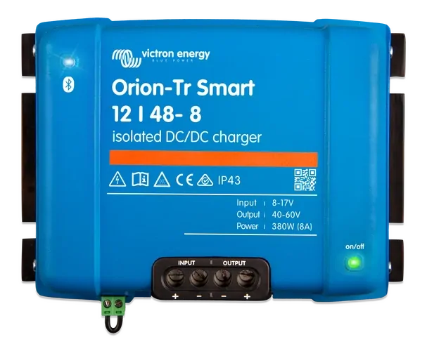 Front view of blue Victron Orion-Tr Smart 12/48-8 isolated DC-DC charger showing interface and terminals