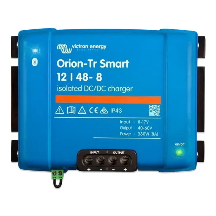 Front view of blue Victron Orion-Tr Smart 12/48-8 isolated DC-DC charger showing interface and terminals