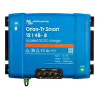 Front view of blue Victron Orion-Tr Smart 12/48-8 isolated DC-DC charger showing interface and terminals