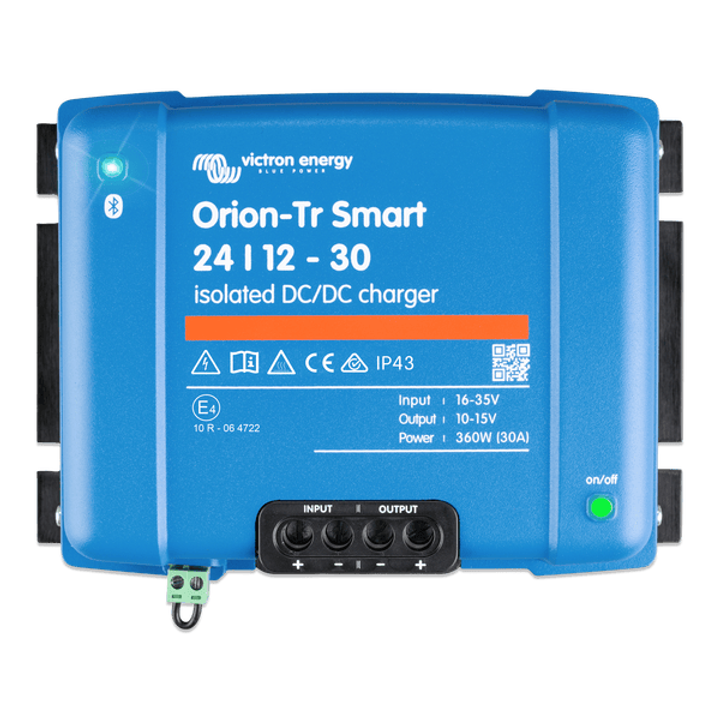 Front view of Victron Orion-Tr Smart 24/12-30A isolated DC-DC charger with blue casing and terminals