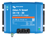 Front view of Victron Orion-Tr Smart 24/12-30A isolated DC-DC charger with blue casing and terminals