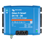 Front view of Victron Orion-Tr Smart 24/12-30A isolated DC-DC charger with blue casing and terminals
