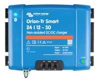 Top-down view of blue Victron Orion-Tr Smart 24/12-30A non-isolated DC-DC charger with terminal labels