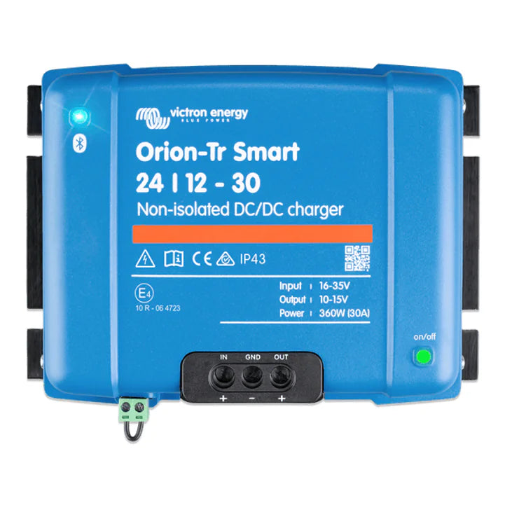Top-down view of blue Victron Orion-Tr Smart 24/12-30A non-isolated DC-DC charger with terminal labels