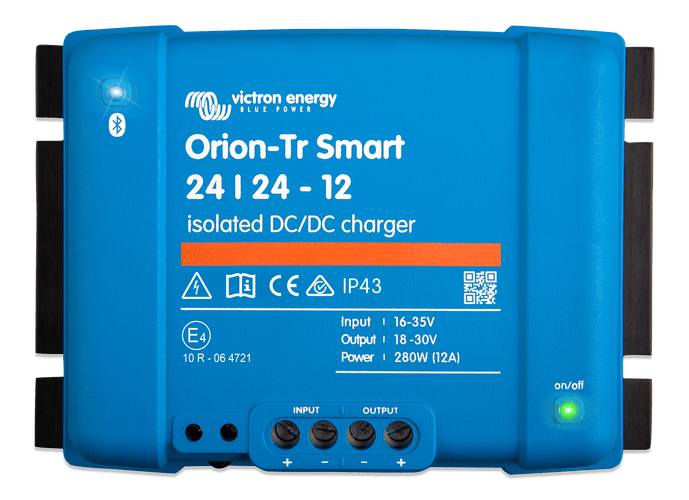 Front view of Victron Orion-Tr Smart 24/24-12 isolated DC-DC charger with terminal markings