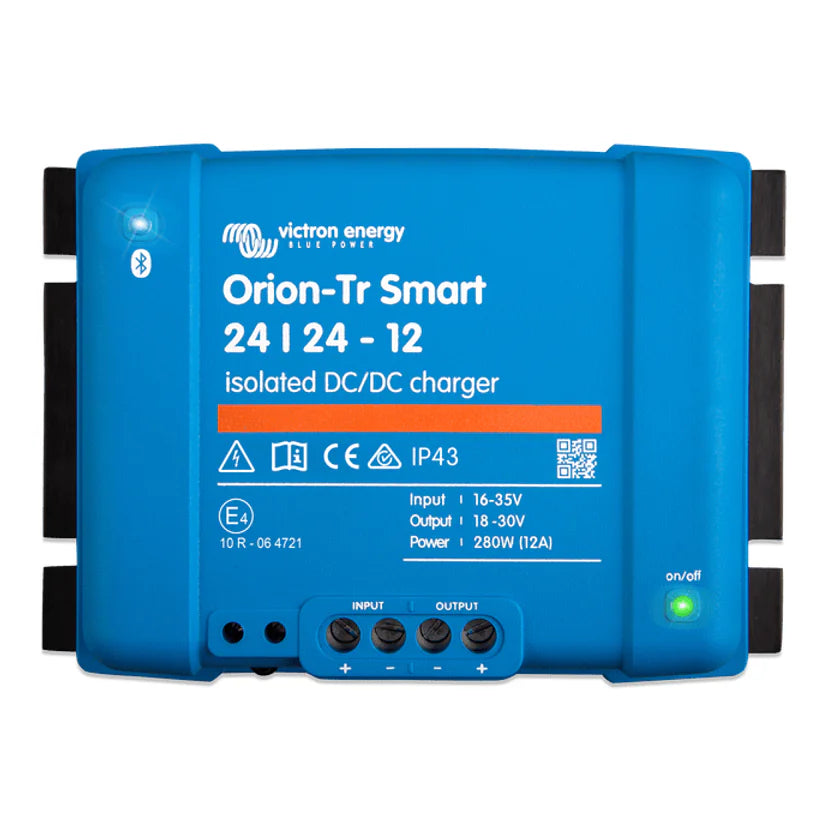 Front view of Victron Orion-Tr Smart 24/24-12 isolated DC-DC charger with terminal markings