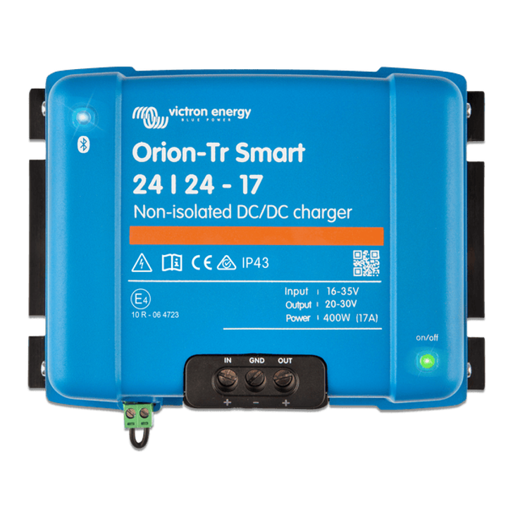 Front view of Victron Orion-Tr Smart 24/24-17 non-isolated DC-DC charger showing interface and labels