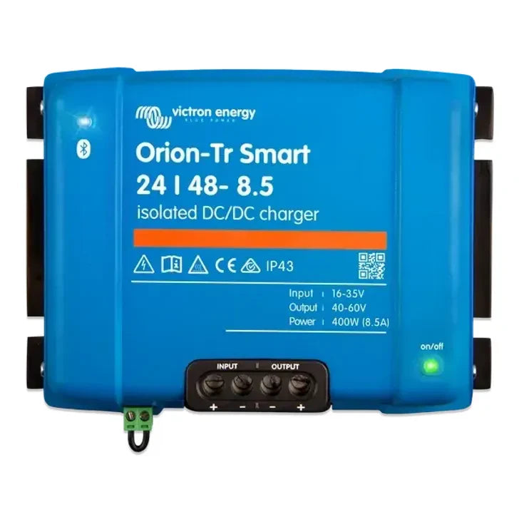 Front view of blue Victron Orion-Tr Smart 24/48-8.5 isolated DC-DC charger showing terminals and LEDs
