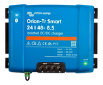 Front view of blue Victron Orion-Tr Smart 24/48-8.5 isolated DC-DC charger showing terminals and LEDs