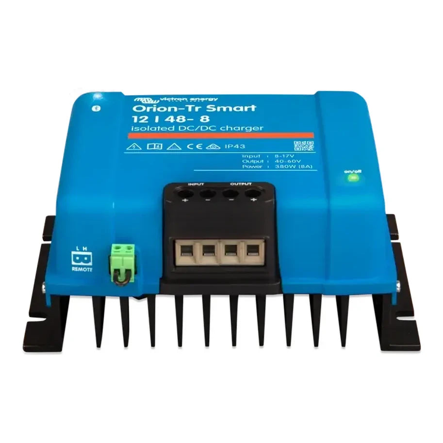 Front perspective view of the Victron 380W isolated DC-DC charger with heavy-duty cooling fins