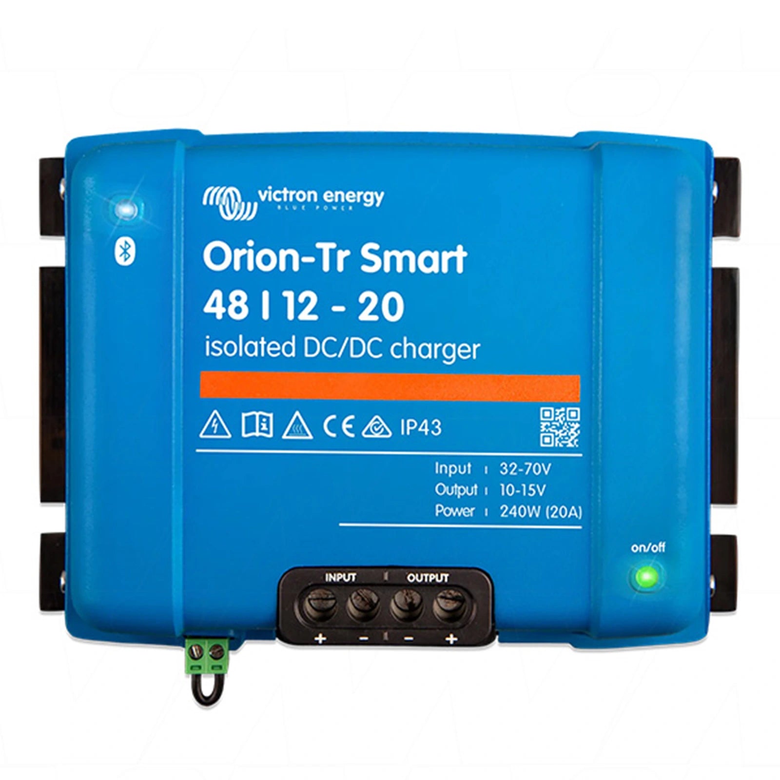 Front view of Victron Orion-Tr Smart 48/12-20 isolated DC-DC charger showing terminal block and status LEDs
