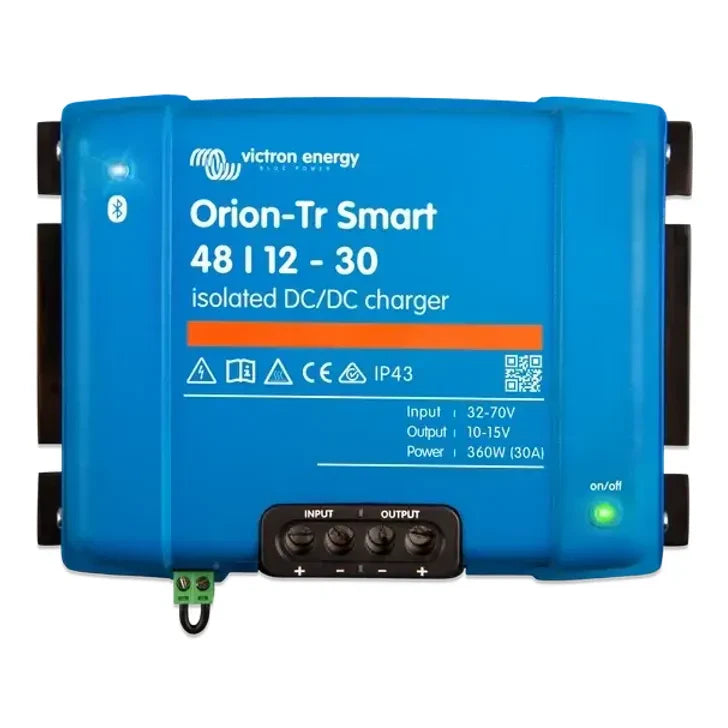 Top view of Victron Orion-Tr Smart 48V to 12V 30A isolated DC-DC charger showing labels and terminals