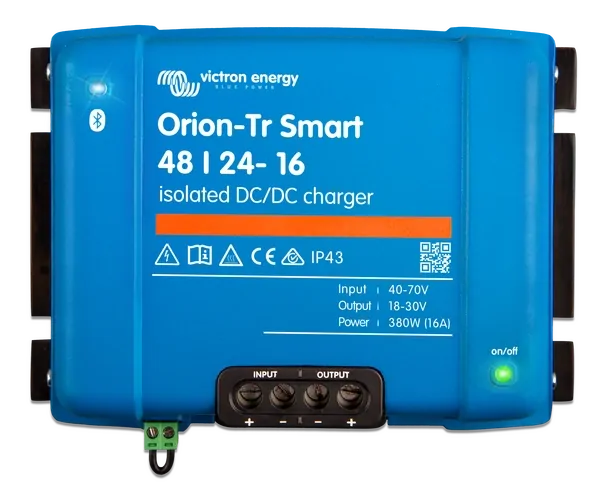 Front view of blue Victron Orion-Tr Smart 48/24-16 isolated DC-DC charger showing terminals and status LEDs