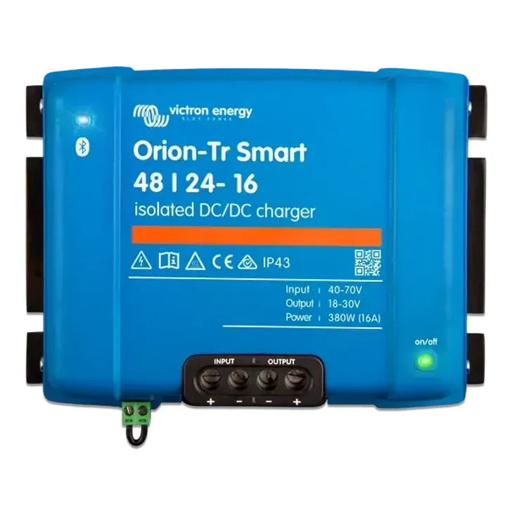 Front view of blue Victron Orion-Tr Smart 48/24-16 isolated DC-DC charger showing terminals and status LEDs