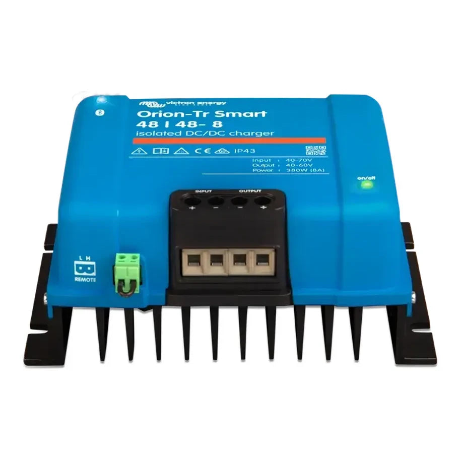 Three-quarter perspective view of the blue Victron Orion-Tr Smart 48V isolated charger showing terminals