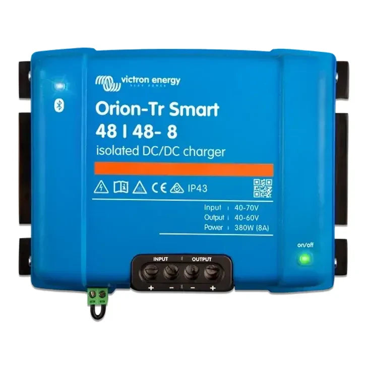 Front view of the Victron 48V to 48V Orion-Tr Smart isolated DC-DC charger with terminal covers