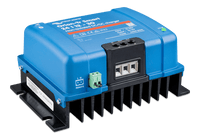 High-angle view of the blue DC-DC charger housing and integrated mounting feet