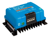 Side perspective view of the blue Victron DC-DC charger showing mounting points and heat sink fins