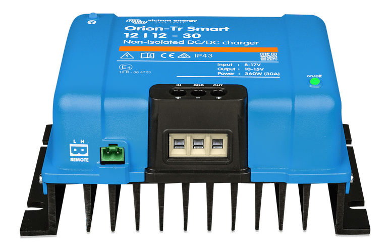 Front perspective of the Victron charger showing remote port and DC terminals