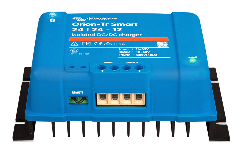 Front perspective view of Victron Orion-Tr Smart 24/24-12A isolated DC-DC charger highlighting screw terminals