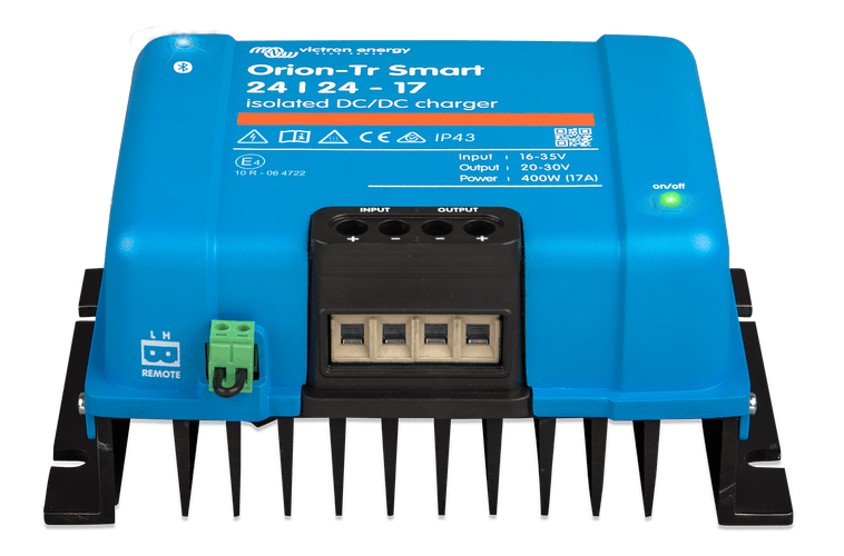Front angle of the 400W 17A Victron Orion-Tr Smart 24V isolated DC-DC charger