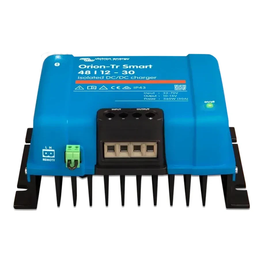 Front on view of the Victron Orion-Tr Smart DC-DC charger showing the terminal access point