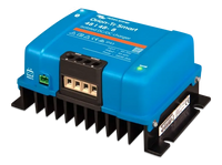 Isometric view of the isolated DC-DC charger showing the integrated aluminium heatsink and screw terminals